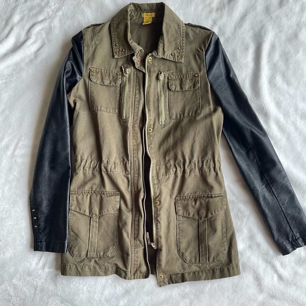 Size small military jacket with faux leather sleeves